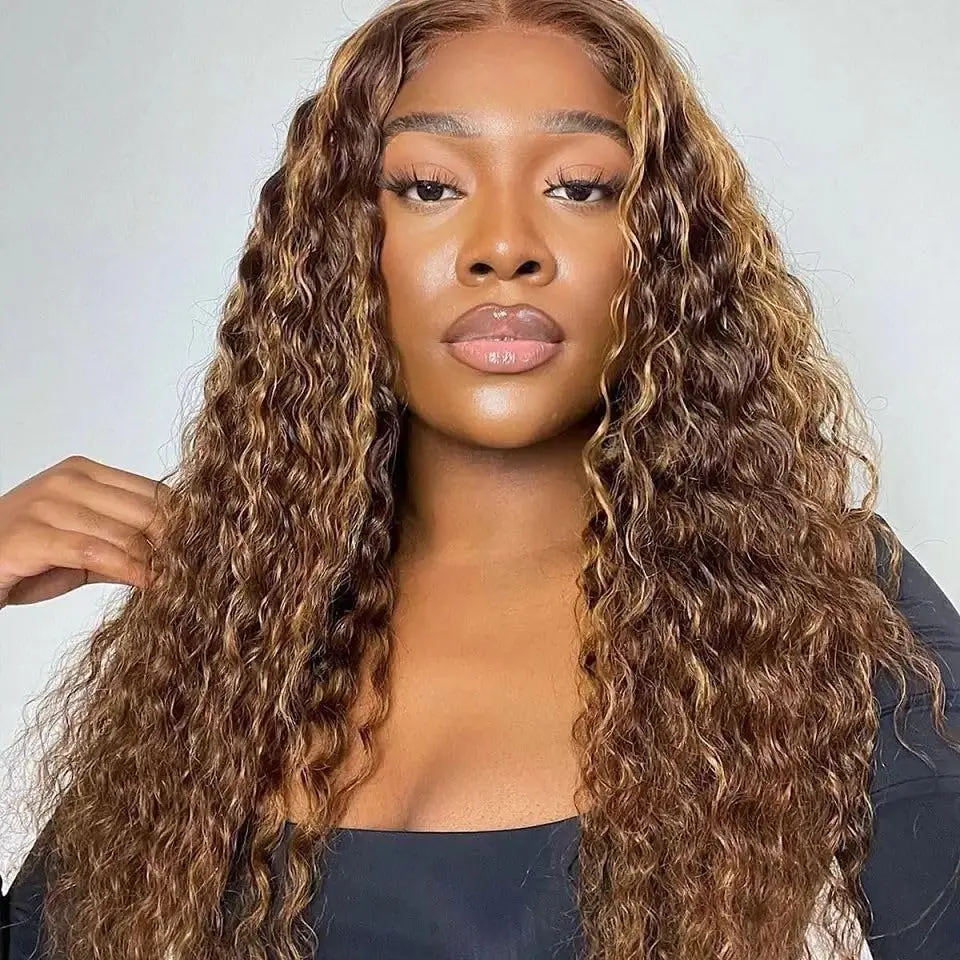 Highlight Ombre Lace Front Wig Human Hair Deep Wave 13x4 HD Lace Frontal Wigs Human Hair 180% Density P4/27 Colored Honey Blonde Curly Human Hair Wigs for Women Wet and Wavy Brazilian Virgin Glueless Human Hair Wig Pre Plucked Wig