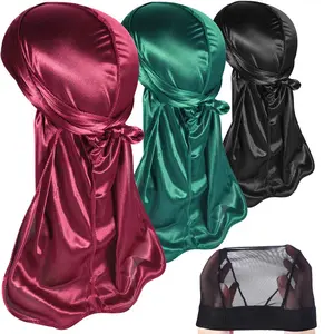 Men's 3 Pieces Silky Satin Durags Pack - Double-Wrap Fashion Accessory for Hair Preservation, with 1 Bonus Dome Cap (Ideal for Father's Day, Thanksgiving, Anniversary)