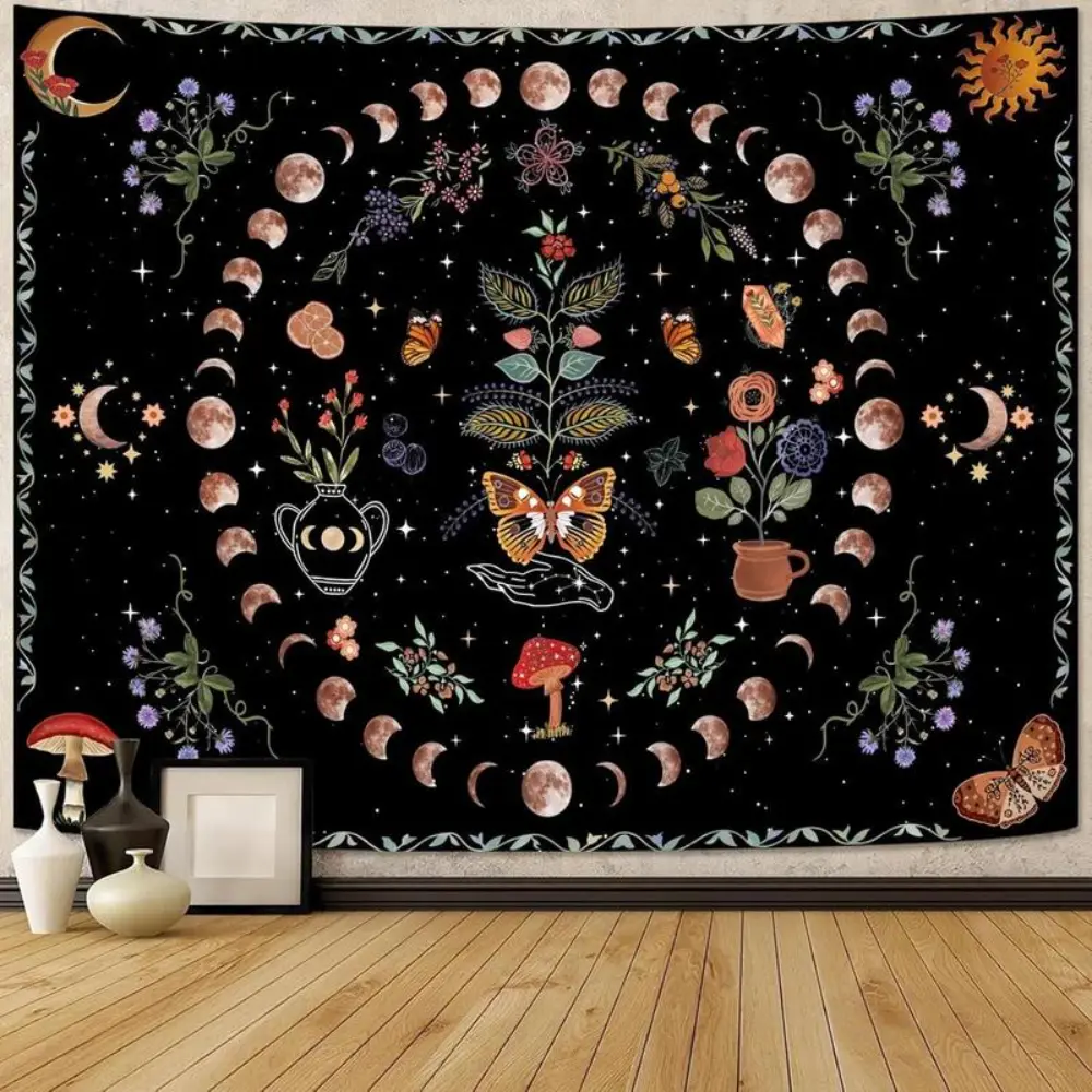 Vintage Boho Floral Moon Tapestry Orange Butterfly Flower Plant Tapestries for Bedroom Aesthetic Nature Mandala Bohemian Botanical Tapestry Wall Hanging for Living Room Dorm Decor Landscape Retro Swiss Sun Mushroom Octopus
