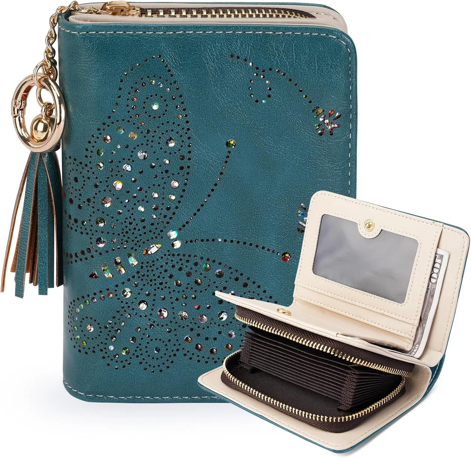 Women RFID Blocking Small Bifold Wallet, Compact  Clutch with Zipper  Pocket, Glittery Butterfly Design, Credit Card Holder, Travel Purse with Tassel PEACOCK-BLUE