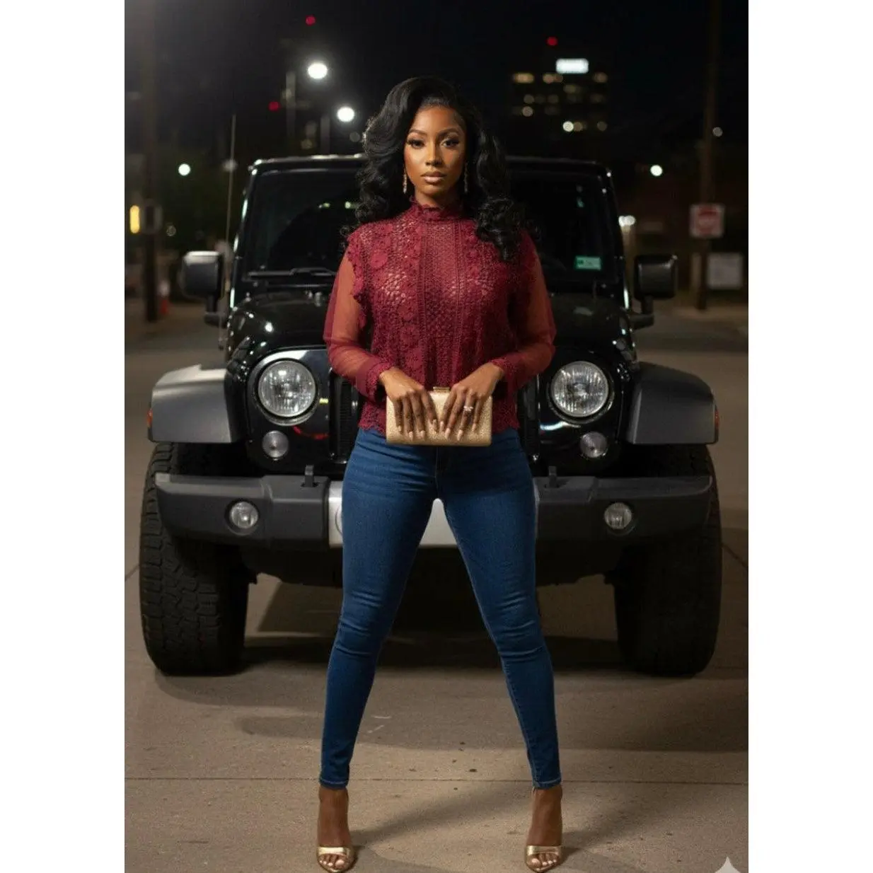 Red Lace Mesh Slim-Arms Blouse