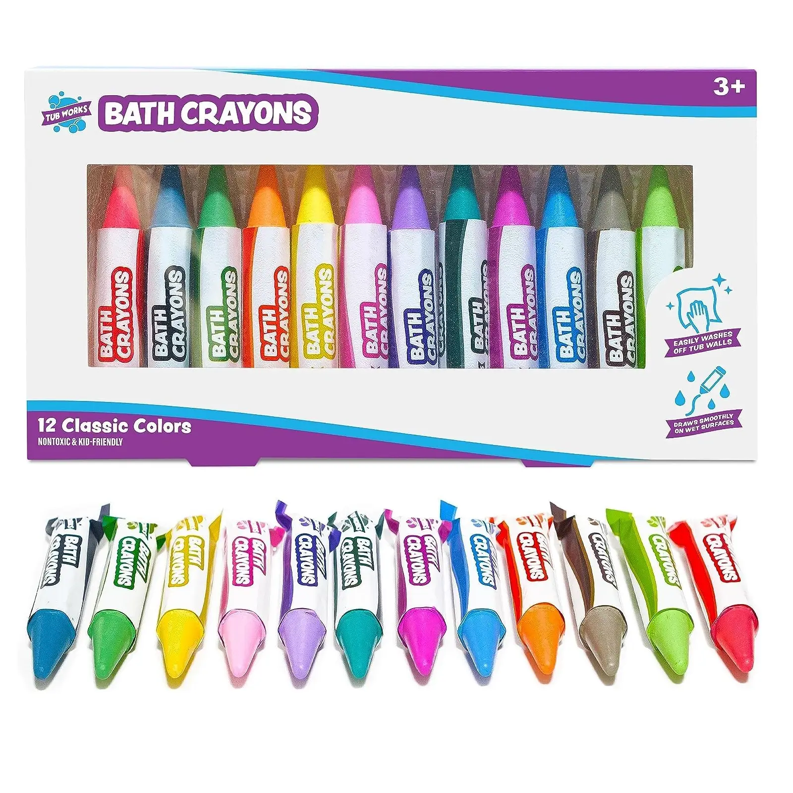 Tub Works 12-Pack Bath Crayons - Non-Toxic, Washable, Vivid Colors for Kids - Safe & Easy Grip for Wet & Dry Surfaces - Art Supplies for Kids 3+ - Col