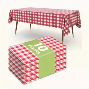 10 PCS Extra Large Red & White Checkered Disposable Tablecloths (54"x108") - Christmas Wedding Picnic Birthday Party Plastic Table Covers, No Cleanup, Effortless Holiday Table Decor