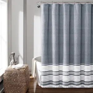Lush Deor Nantucket Yarn Dyed Tassel Fringe Shower Curtain Cotton Blend Stripe Boho Coastal Bathroom Accessory