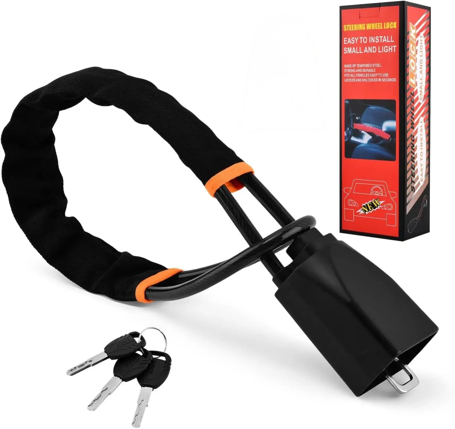 Universal Car Steering Wheel & Seat Belt Anti-Theft Lock - Adjustable 4.7-17", Collapsible, Lightweight Security Device with Multi-Function Keys for Cars & SUVs (Black)