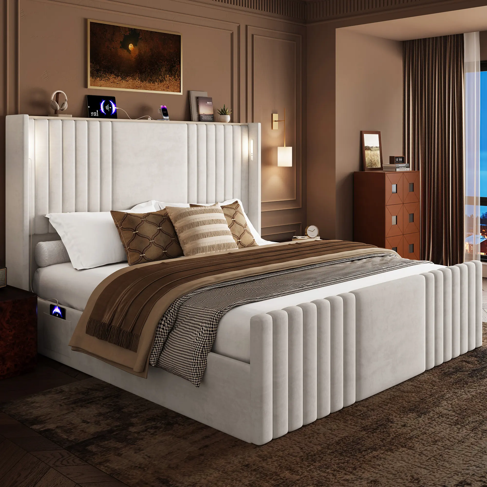 Belffin King Size Bed Frame with 55.1" Tall Headboard, Velvet Upholstered Platform Bed with Channel Tufted Wingback, 2 Reading Lights/Storage Shelf/Charging Station/Easy Assembly/Noise-Free, Cream