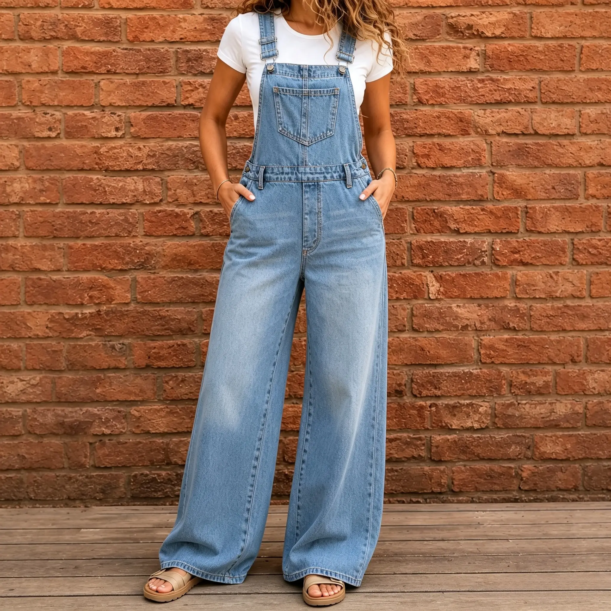 Women's fashion denim overalls, light-colored washed wide-leg denim jumpsuit, adjustable shoulder straps, loose chest pockets, casual summer street wear
