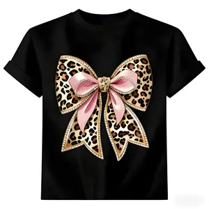 Plus Size Women’s Oversized Pink Bow & Leopard Print T-Shirt – Pastel pink round neck short sleeve top with geometric accents and a golden bow detail. Soft, all-season, machine-washable fabric, perfect for casual or semi-formal wear and easy layering. Lac