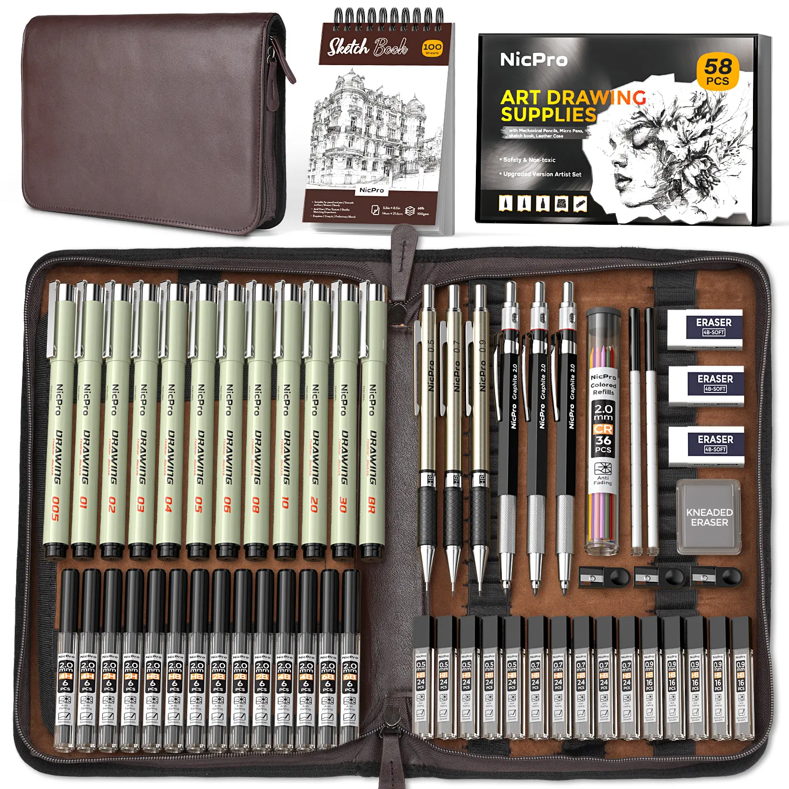 Nicpro 58 PCS Art Crafting Kit in Leather Case - Compact Metal Drafting Pencil Set (0.5,0.7,0.9,2mm) with Art Materials, Sketchbook, 12 Micron Pens, 30 Tube Lead Refills - Office Stationery Cool Gift for Him, Teen Boys, Gifts For Him