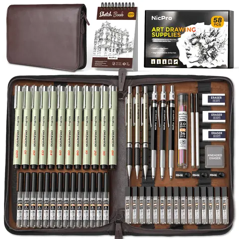 Nicpro 58 PCS Portable Mechanical Pencil Set - Compact Metal Precision Art Crafting Assortment Kit in Leather Case, Graphite Drafting Pencils (0.5,0.7,0.9,2mm), 12 Micron Pens, 30 Lead Refills, Sketchbook Incl., Office Stationery, Teen Boy Gift Set,techvi