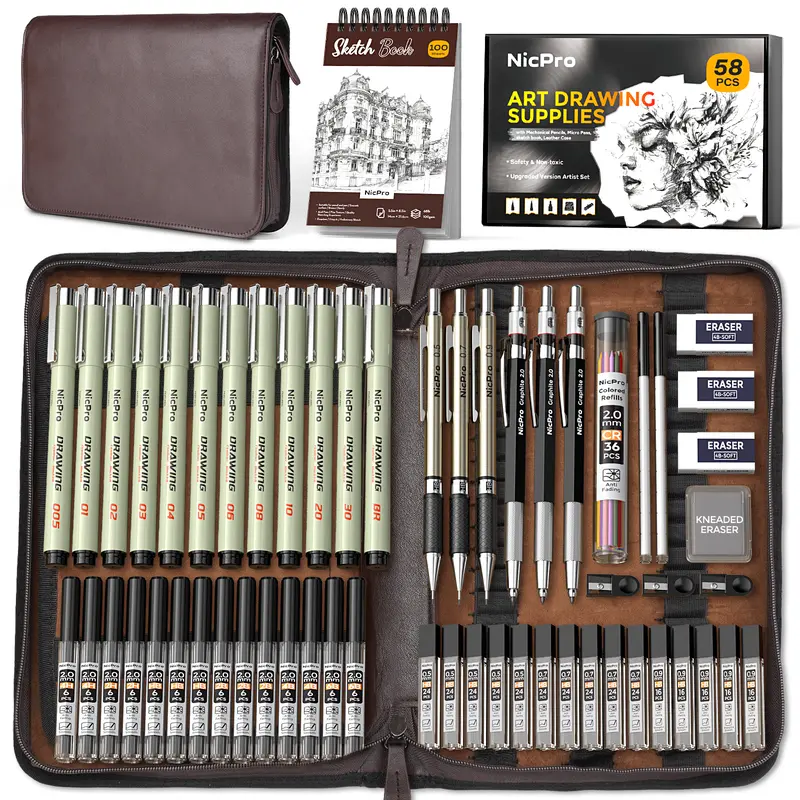 Nicpro 58 PCS Art Drawing Supplies Kit in Leather Case, Art Mechanical Pencil Set with Metal Drafting Pencil  0.5 & 0.7 & 0.9 & 2mm, 12 Micron Pen, Sketch Book, 30 Tube Lead Refills for Sketching