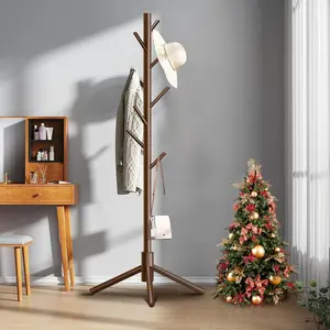 Wooden Coat Rack Stand, Free Standing Coat Rack with 8 Hooks 3 Adjustable Heights for Clothes, Hats, Handbags, Coat Tree Easy Assembly for Entryway, Bedroom, Hallway, Office