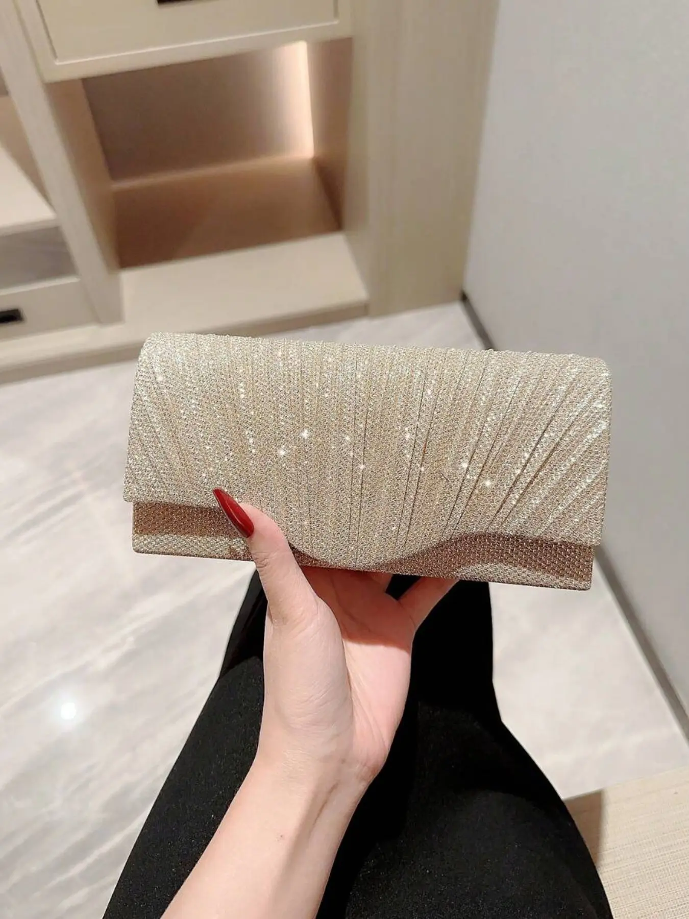 Women's Elegant Glitter Sparkling Finish Evening Bag, Exquisite Trendy Embellished Glittery Clutch Bag with Chain Strap, Fashionable Bag for Party Decoration, Fashion Purses