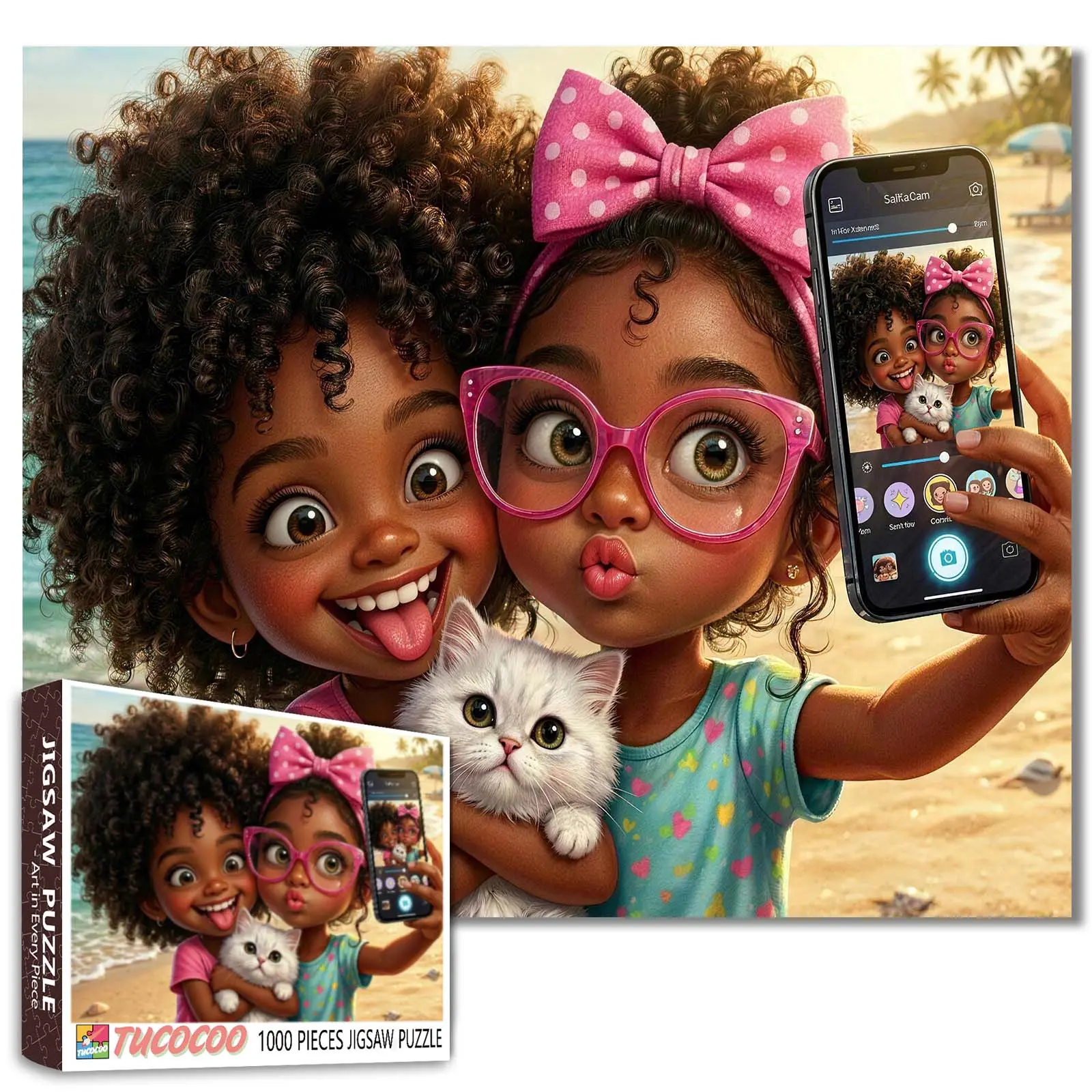 Tucocoo Cute Girls Selfie Cat Beach 1000 Pieces Jigsaw Puzzle Adult, adorable cartoon friends selfie with kitten, colorful seaside scene, relaxing family game, stress relief, brain training challenge, wall decor gift for adults seniors 27.5x20inch 70x50cm