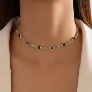 14K Gold Plated Emerald Green Crystal Choker Necklace for Women Dainty Round Gemstone & Clear CZ Chain Minimalist Elegant Jewelry Gift