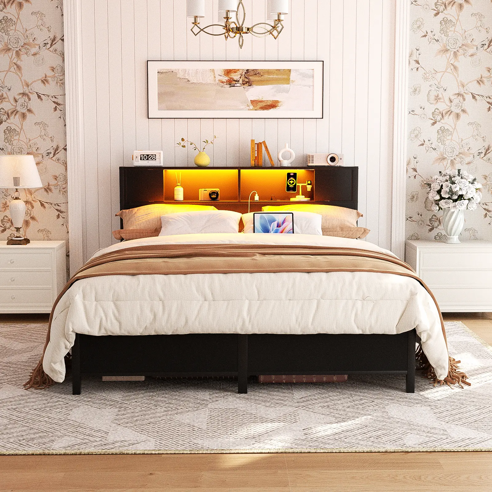 iSunirm Full Size Bed Frame with Storage Headboard and Charging Station -【Frame Only No Mattress】heavy duty metal platform Metal Bed with LED Lights, Easy Assembly, Metal Bed Frames