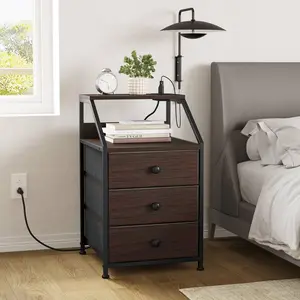 Nightstand with Charging Station Side Table with 3 Drawers End Table with Open Shelf Bedside Table with USB Ports and Outlets Nightstand for Bedroom 1pc