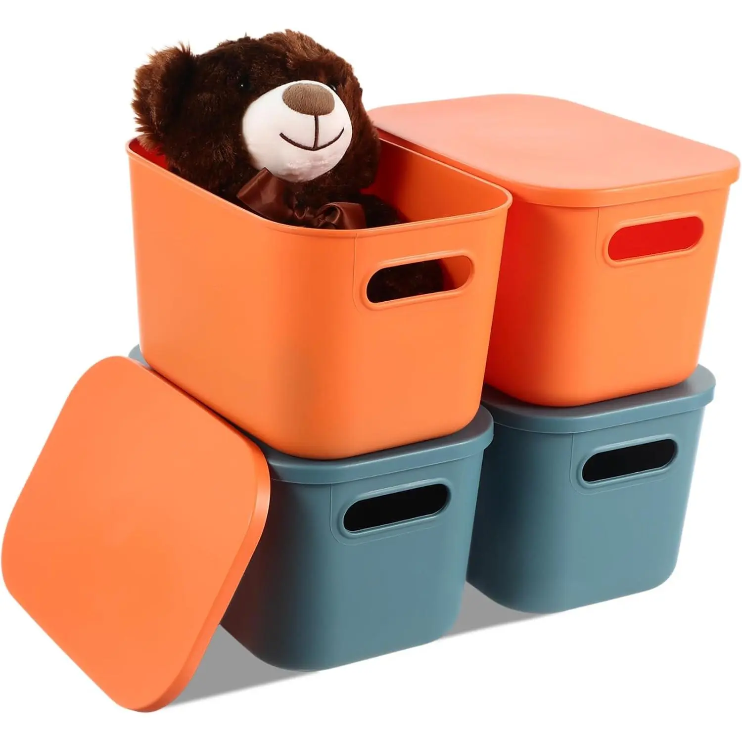 8 count Colorful Storage Bins with Lid, Plastic Storage Basket Organizing Container Stackable Box with Handle for Shelves Desktop Playroom Office(10.2 x 7 x 6.3 Inch,Blue and Orange)