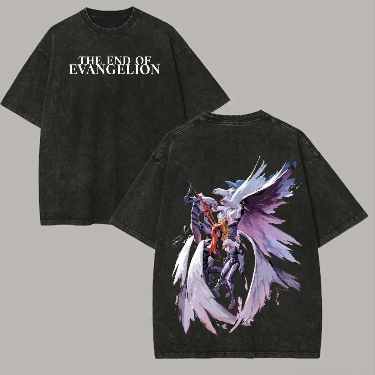 Men's Vintage Neon Genesis Evangelion Crew Neck Short-Sleeve Oversized Graphic T-Shirt - Washed Black Distressed, Asuka & Mass Production Evas Anime Print, Washed Retro Look, Sports Casual Japanese Manga Top for EVA Fans, All-Seasons Fit