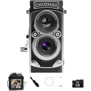 CHUZHAO  Mini Digital Camera, Portable TLR Style Retro Point and Shoot Compact Small Pocket 1080P FHD Video 12MP Autofocus Vlogging Camera with 16 GB Card for Beginners Teens Adults Black