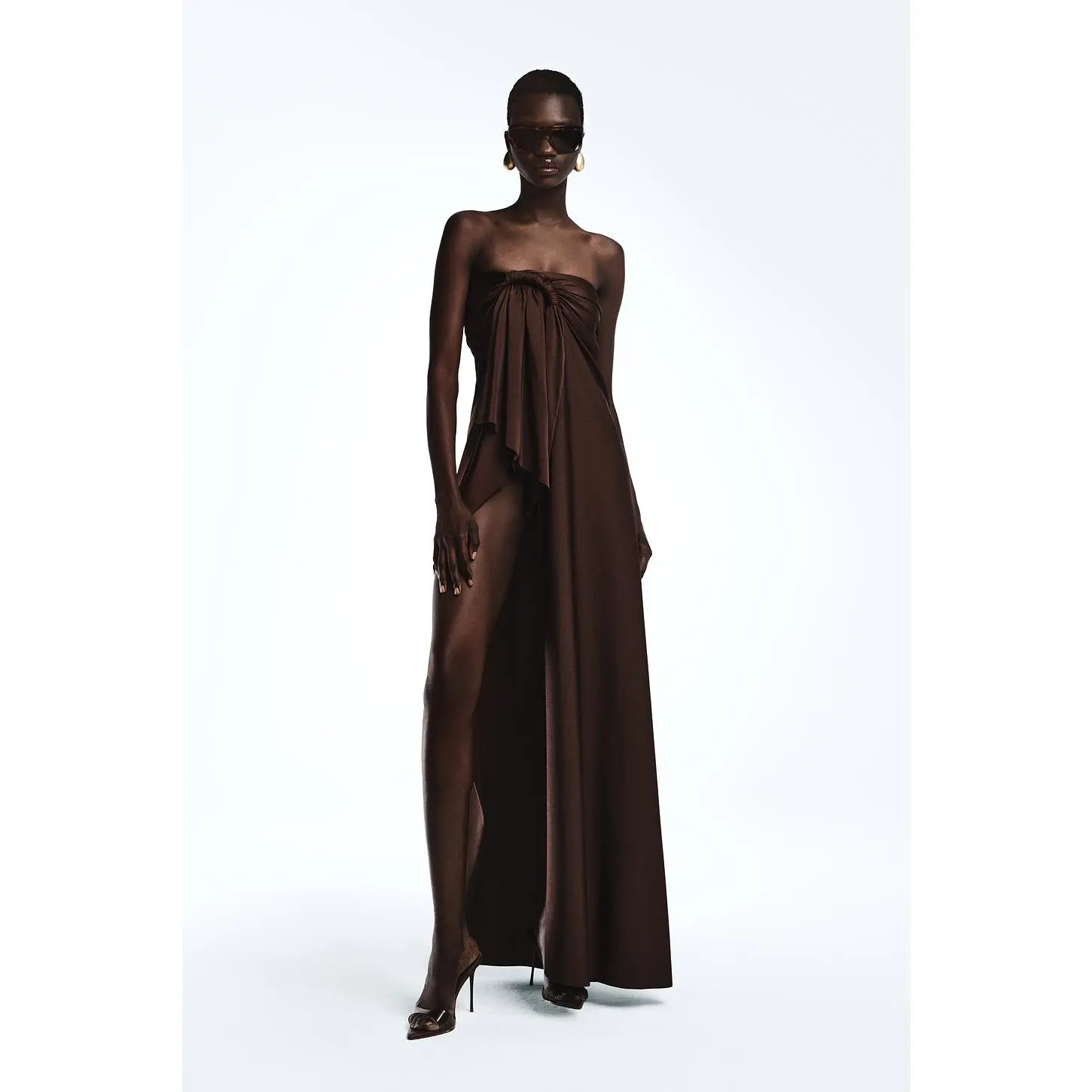 REVOLVE LOS ANGELES Enzo Asymmetric Maxi Dress in Brown