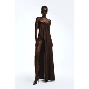 REVOLVE LOS ANGELES Enzo Asymmetric Maxi Dress in Brown