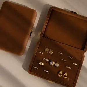 Brown Rectangle Velvet Jewelry Case by Caitlyn Minimalist - 5-Slot Jewelry Organizer Box for Rings & Earrings - Minimalist Keepsake Box  - Gift for Her