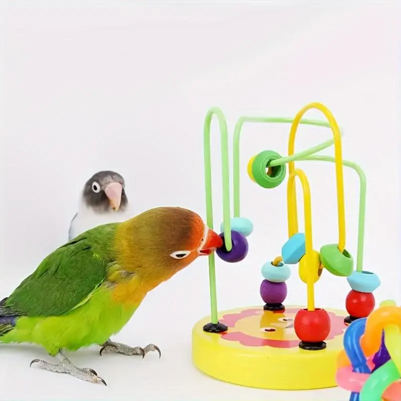 Wooden Bead Perch Bird Toy for Parrots - Hanging Cage Accessory with Random Sounds, Attention Support, Learning Aid & Cognitive Boost Interactive Pet Supply