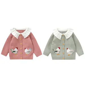Toddler Baby Girl Sweater Cardigan Chicken Embroidery Doll Collar Button Down Knit Jacket Fall Winter Coat Knitwear