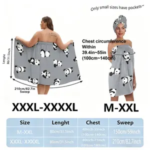Gray Panda Pattern Towel Wrap & Skirt Set with Turban, Bare Back Bath Robe for Women, Plus Size XS-XXXXL, Perfect for Spa & Christmas Eve Self-Care Gift