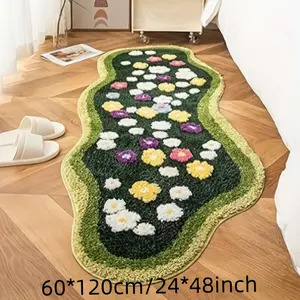 Long Irregular Moss Carpet Runner - Small Colored Flowers Green Moss Non Slip Machine Washable Luxury Area Rug for Bedroom Living Room