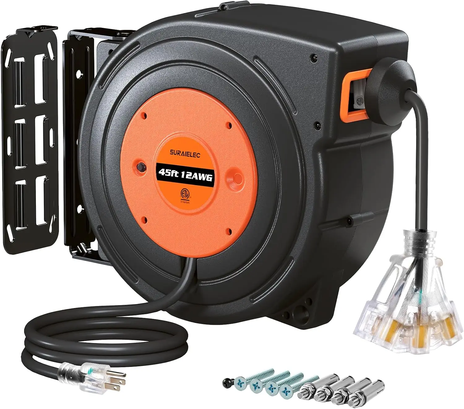 Suraielec | 45FT 12AWG Extension Cord Reel, ETL Listed, Orange | Upgraded Anti-Tangle Roller, 15 AMP Circuit Breaker, 3 Lighted Outlets, 12 AWG SJTOW Heavy Duty Power Cord, 180° Swivel