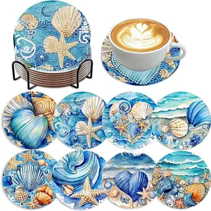 8-Piece Diamond Art Coaster Set with Stand, DIY Ocean Series Pattern, Suitable for Adults and Beginners, Perfect Gift for Friends, Diamond Painting Coasters