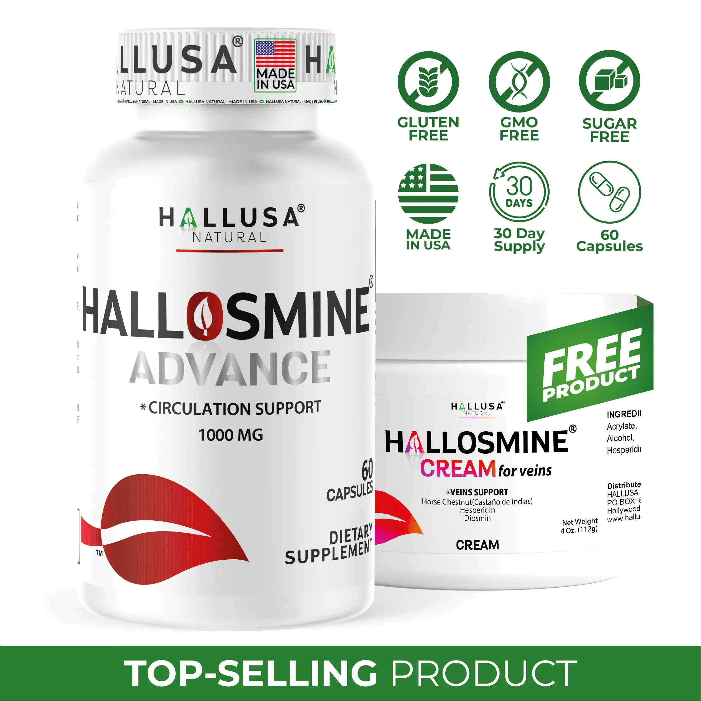 HALLUSA NATURAL HALLOSMINE ADVANCE 1000 mg + FREE Cream for Tired Legs & Varicose Veins - Healthy Blood Flow Support with Aloe Vera & Botanical Ingredients