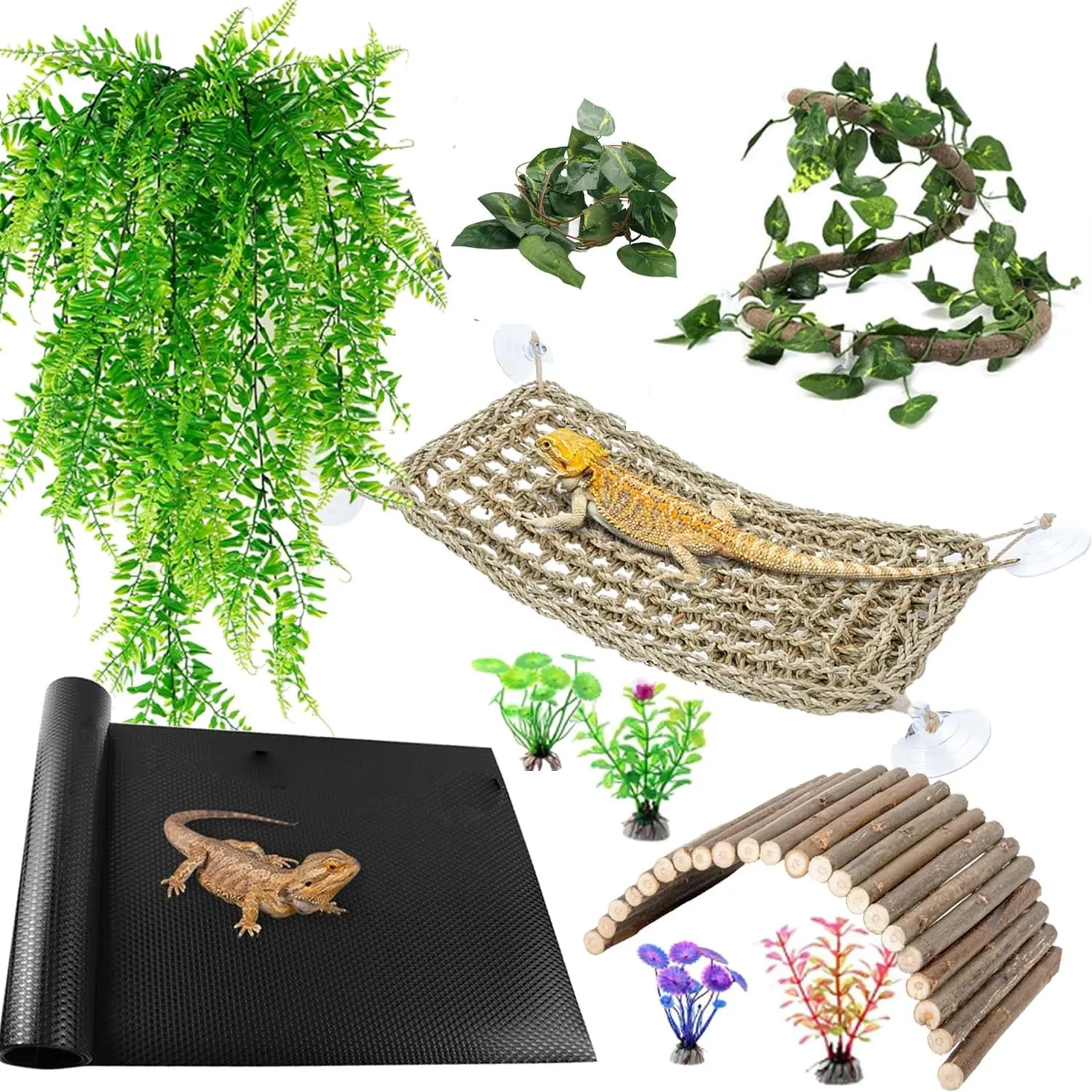 Bearded Dragon Tank Accessories, Reptile Mat Hammock  Bridge Jungle Climber Vines Terrarium Decorations for Bearded Dragon Lizard Snake (10  with Reptile Mat)