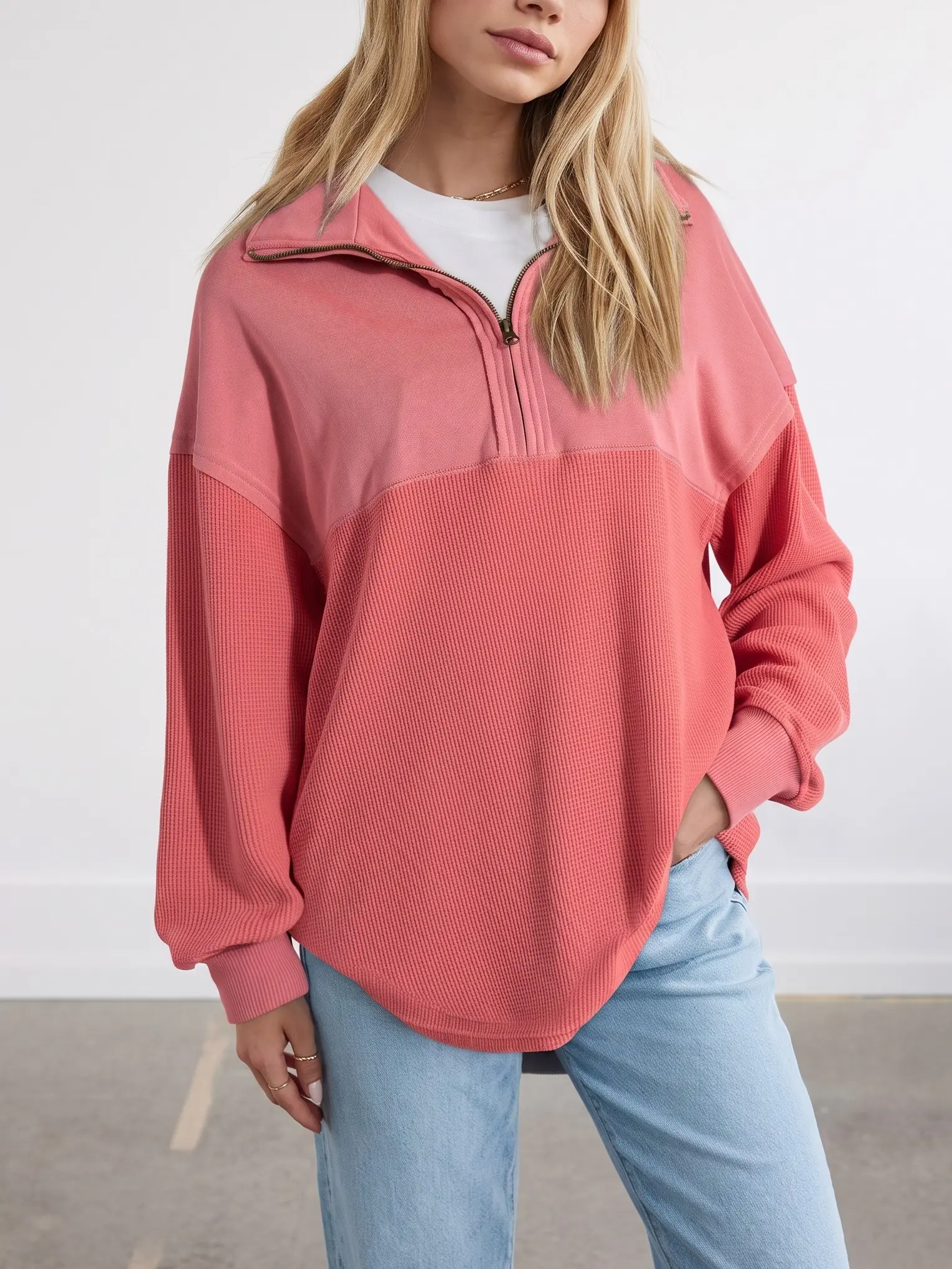 Shewin Women's Half-Zip Waffle Knit Tops - Oversized Long Sleeve Cotton Casual Pullovers  DealsForYouDays,summerwins,summeroutfits,vacationoutfits,beachoutfits Knitwear Womenswear,back to school,back to school shopping