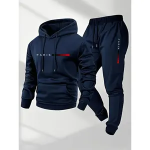 Men's 2-Piece Matching Long Sleeve Paris Letter Printed Hoodie & Drawstring Sweatpants Menswear Set - 100% Polyester Fabric, Loose Fit, Casual Athletic Style, Machine Washable, Ideal for Autumn, Spring