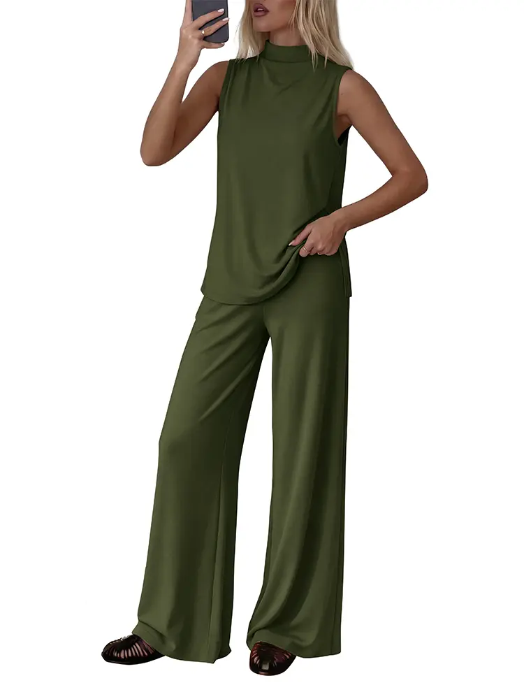 BTFBM Summer 2-Piece Lounge Sets For Women Sleeveless Mock Neck Top Wide Leg Pants Airport Travel Beach Vacation Outfits #Clearance