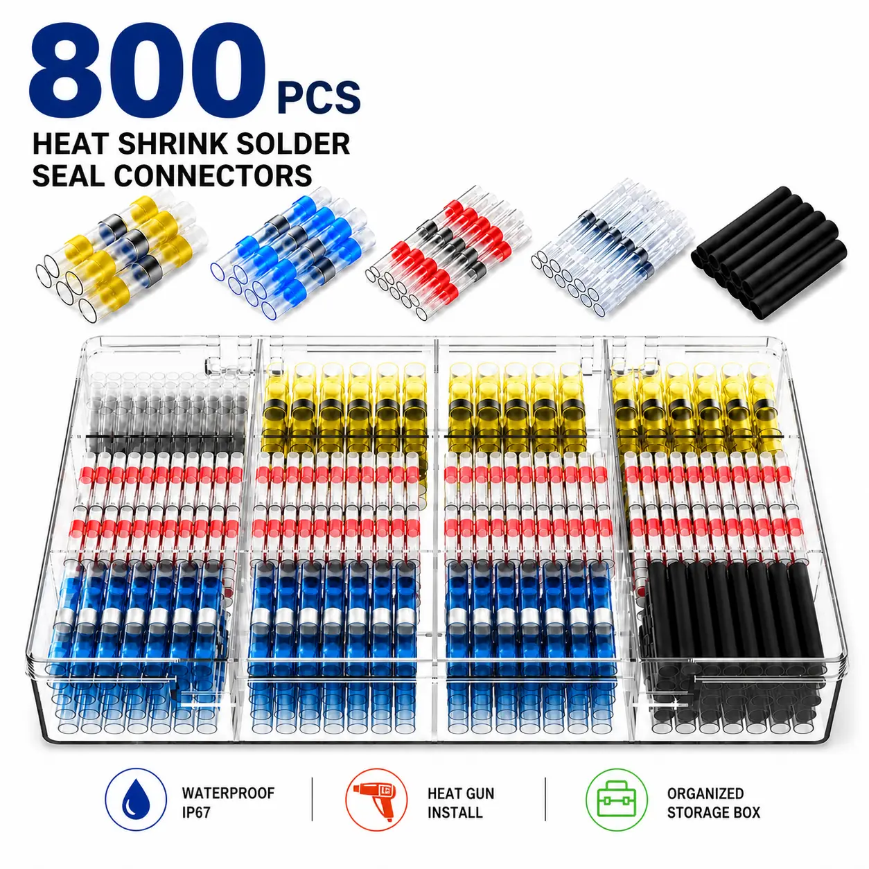 800PCS Waterproof Heat Shrink Butt Splice Wire Terminal Connectors Kit - Tubular, -55°C to 125°C, Assorted Connector Sizes, Durable for Automotive Wiring, Car, Boat Applications