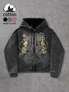 Men's Vintage Hooded Sweatshirt, Gothic Cross Print Zipper Cardigan, Casual Street Style, Spring & Fall Fashion, Unique DesignGift