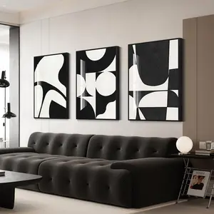 Modern Abstract Black and White Geometric Wall Art Set – Oversized Framed Glossy Canvas Paintings – 3-Piece Bathroom Mural Decor (24x32 Inches) for Living Room