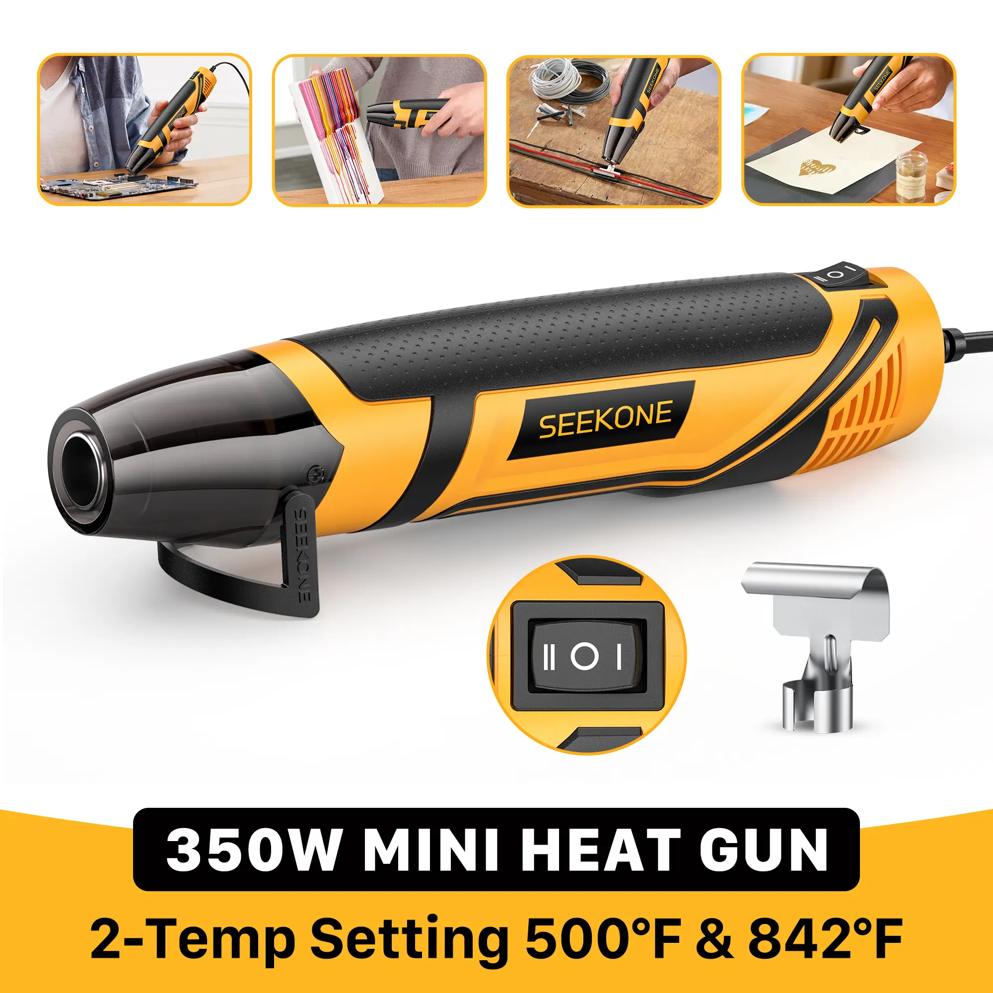 SEEKONE Portable Mini Heat Gun, 350W Dual Temperature (500℉/260℃ & 842℉/450℃) Power Tool with Retractable Stand, Ergonomic Design, Reflector Nozzle Safety Shield, 4.9Ft Cable, PA6+30GF Build, Overheat Safe Overload Protection for Crafting, Vinyl Wraps