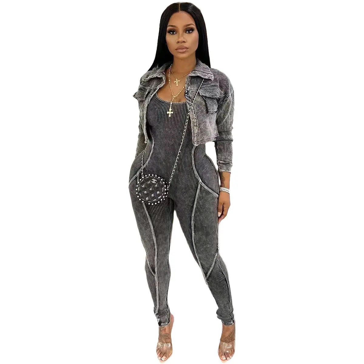 Women's Polyester Fabric 2-Piece Overalls Matching Set - Comfortable, Seamless, Breathable Activewear, Black/Midi/Blue, Sakura-Inspired, UV-Reactive, European Line, Ideal for 21st Birthday Everyday Wear, Fashion, Fit