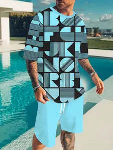Plus Size Summer Men's Short Sleeve Set Print Design Plus Size Digital Print Men's Summer Casual Set, Plaid Letter, Tropical Pattern, Round Neck Short Sleeve Pants Set, Regular Fit, Knitted Fabric, Sports Casual Style Suitable for D