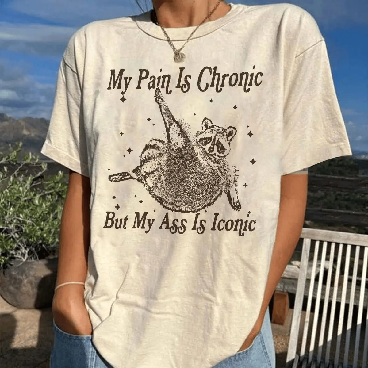 Women's Casual Short Sleeve T-shirt with "My Pain Is Chronic But My Ass Is Iconic" Raccoon Graphic Print, Funny Spoonie Humor Tee, Feminist Meme Top, Shortsleeve, Prints, Style, Tshirt, Vintage, Lady, Round Neck, Athletic Wear, Relaxed Fit