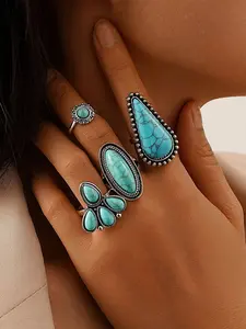 Boho Style Turquoise Flower Ring Set, Stackable Rings, Vintage Punk Design, Unisex Jewelry, Silver Color, Zircon Inlay, Daily Wear Accessories