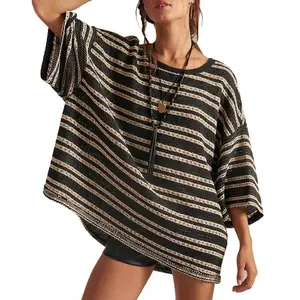 Woman's Oversized Striped Casual Top, Textured Blended Fabric, Breathable Soft Comfortable, Loose Drop Shoulder 3/4 Batwing Sleeve, Round Neck Frayed Hem, American Retro Relaxed Style, Plus Size Friendly, Slimming