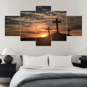 Cross At Sunset Pattern Unframed Painting, 5 Counts/set Canvas Wall Art Poster Print, Artistic Wall Art Decor for Home Living Room Bedroom Office, Ornaments