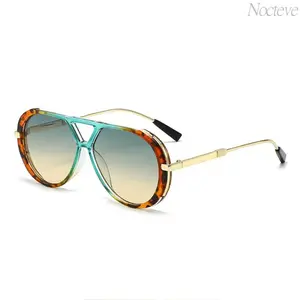 Leopard Print Double Bridge Sunglasses for Women, Retro UV400 Protection Round Frame Shades, Face Slimming Fashion Eyewear, Lightweight Vintage Sun Glasses for Beach, Driving, Travel, Festivals & Streetwear, Trendy Summer Outfit Accessories