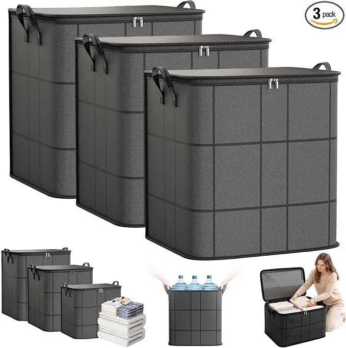 3 Pack 180L Clothes Storage, Foldable Thick Fabric Blanket Storage Bags, Containers for Organizing Bedroom, Closet, Clothing, Comforter,Closet Organization with Handle,Black